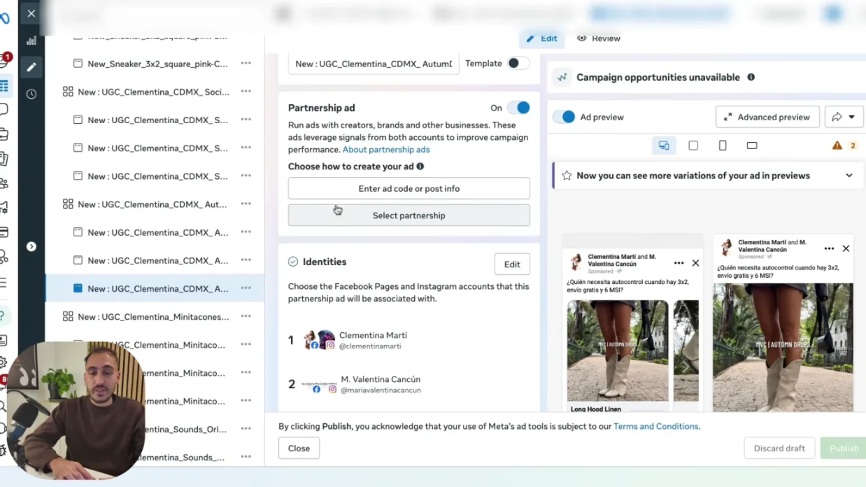 Configuración de un anuncio de colaboración (partnership ad) con dos identidades en el administrador de anuncios