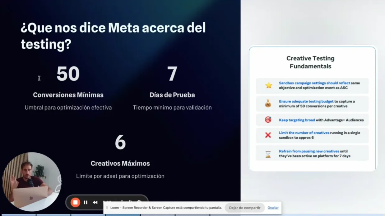 Lámina con lo que dice Meta sobre el testeo: 50 conversiones mínimas, 7 días de prueba y 6 creativos máximos