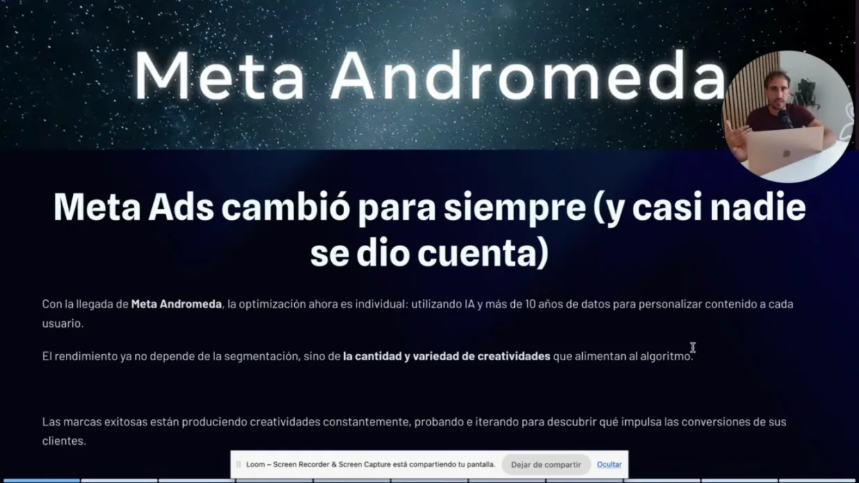 Lámina sobre Meta Andrómeda: la optimización ahora es individual y depende de la variedad de creatividades
