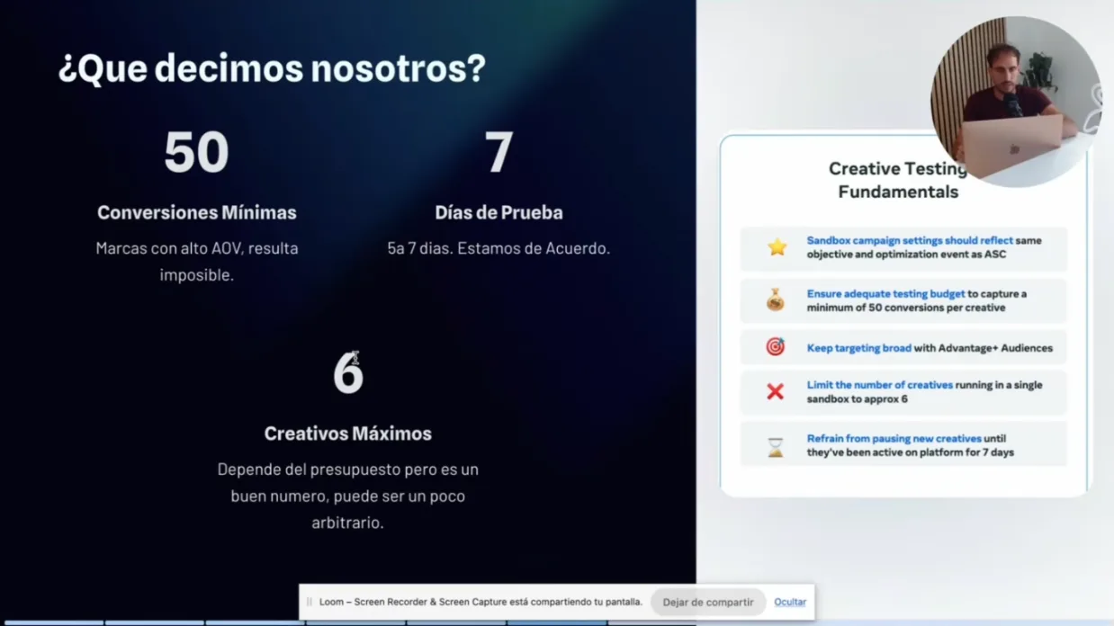 Lámina con lo que decimos nosotros: 50 conversiones imposible para marcas con ticket alto, 5 a 7 días de prueba, 6 creativos depende del presupuesto