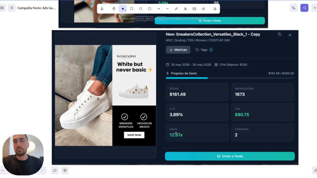 Métricas de un anuncio estático de zapatillas con ROAS de 12,37 y poco gasto