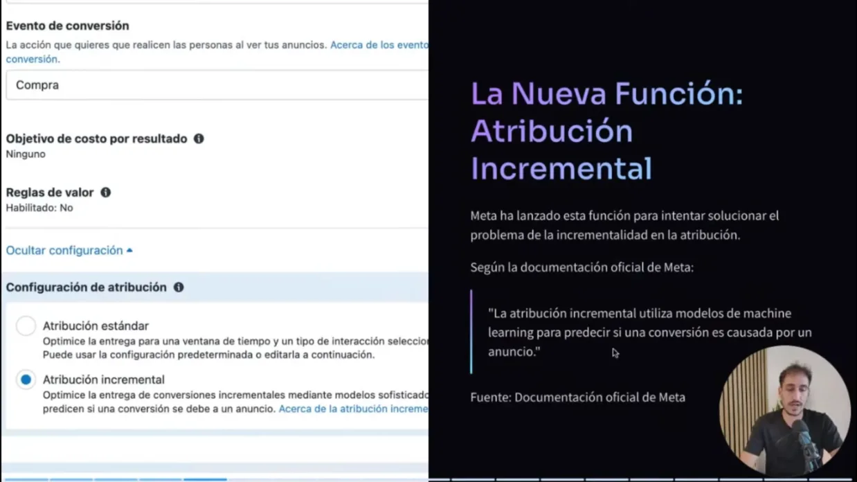 Configuración de atribución incremental junto a la definición de la documentación oficial de Meta
