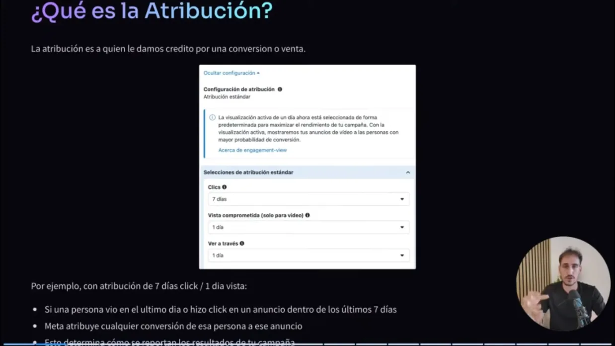 Configuración de atribución estándar en Meta con 7 días clic, 1 día de vista comprometida y 1 día de vista