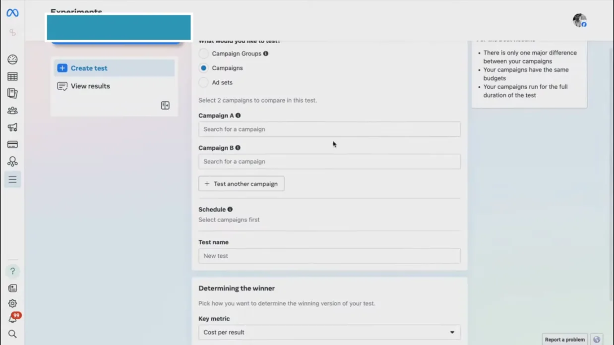 Pantalla de experimentos de Meta para crear una prueba A/B entre dos campañas