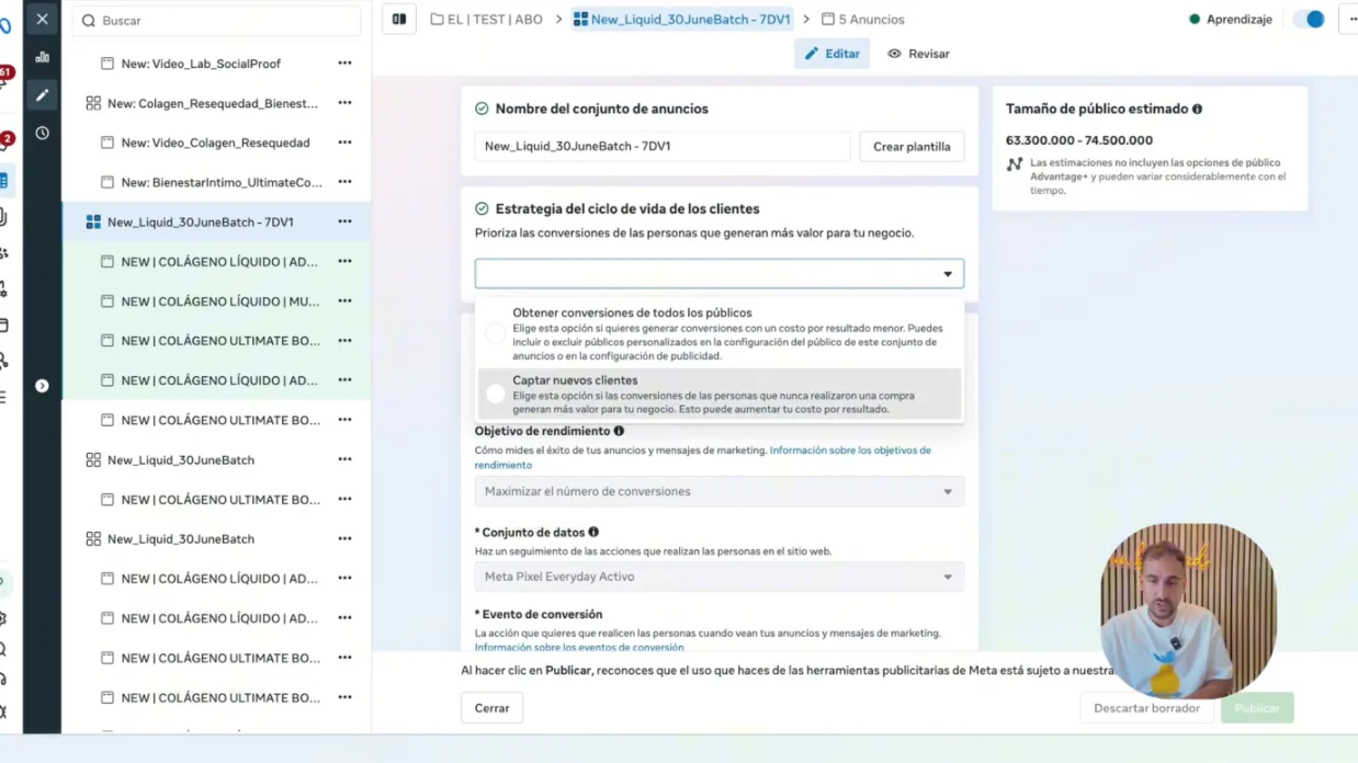 Desplegable con las opciones obtener conversiones de todos los públicos y captar nuevos clientes