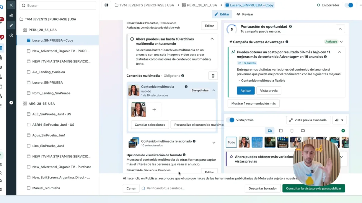 Contenido multimedia relacionado con diez archivos seleccionados en la configuración del anuncio