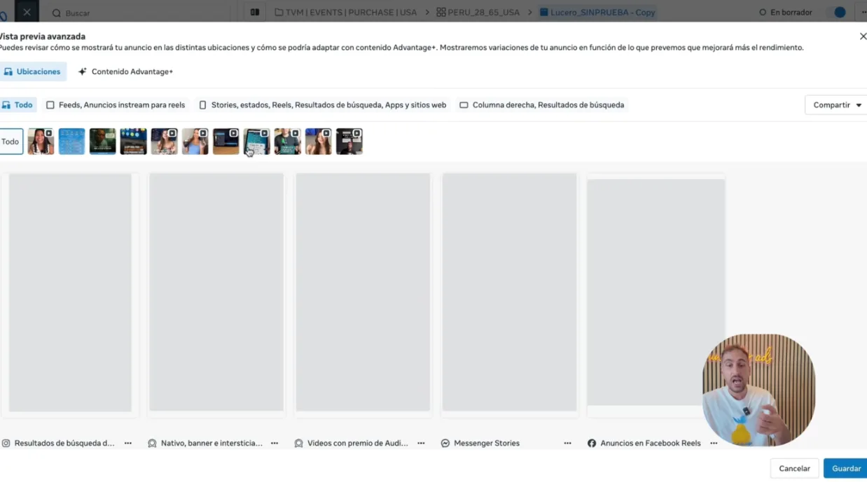 Vista previa avanzada con anuncios de otras campañas mezclados en el mismo anuncio