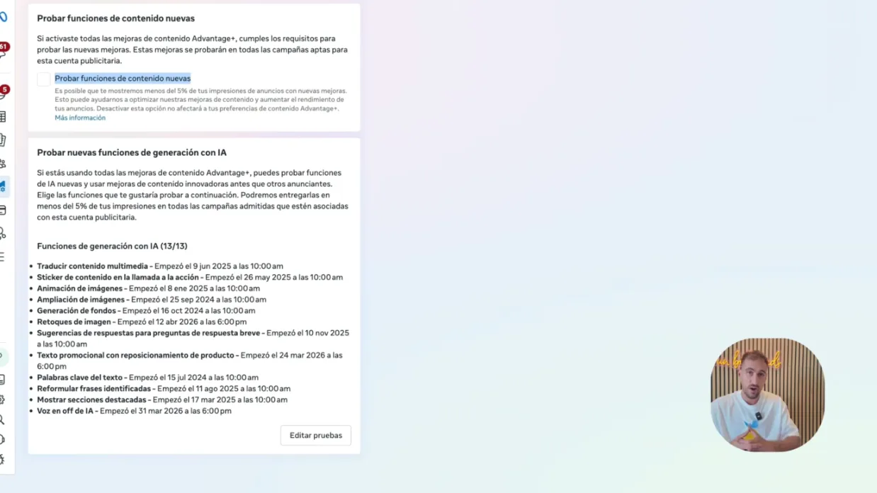 Configuración de funciones de contenido y funciones de generación con IA de Meta