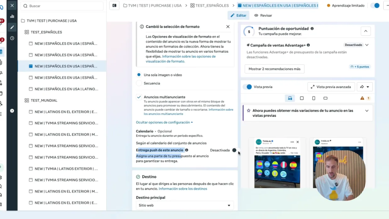 Opción entrega push de este anuncio en la configuración del anuncio