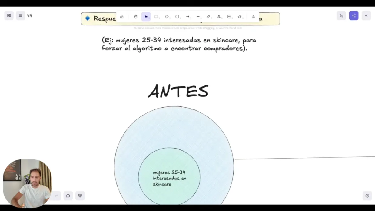 Diagrama de la segmentación tradicional: un círculo chico de mujeres de 25 a 34 interesadas en skincare dentro del público posible
