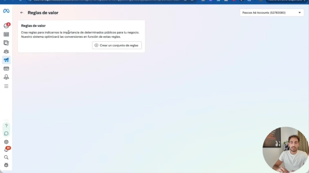 Pantalla de reglas de valor en la configuración de publicidad de Meta con el botón para crear un conjunto de reglas