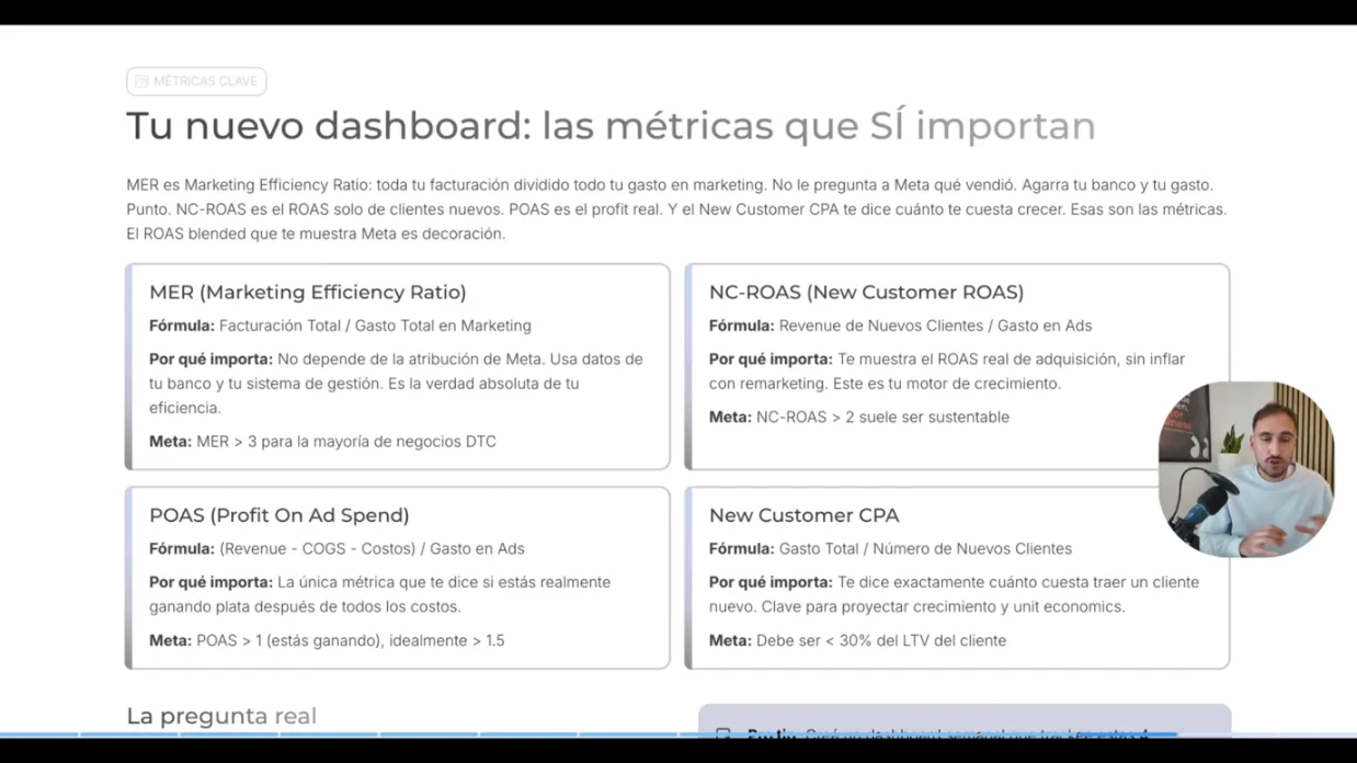 Lámina con las cuatro métricas clave: MER, NC-ROAS, POAS y costo por cliente nuevo