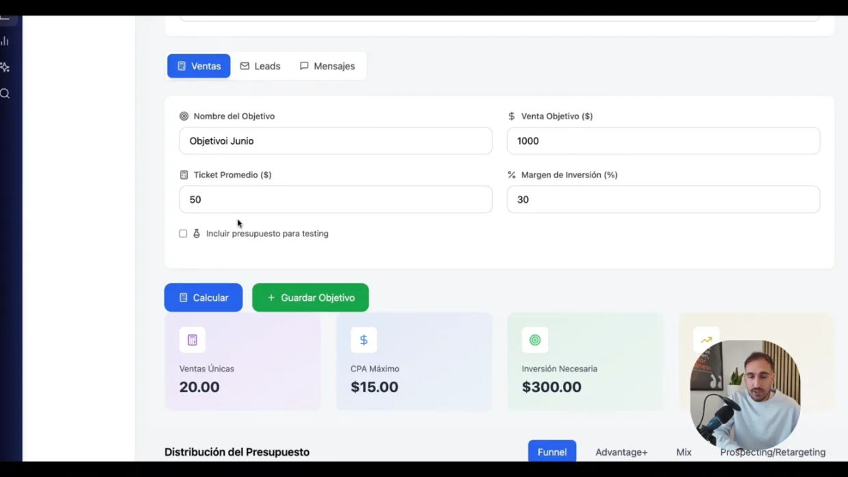 Calculadora de objetivos con venta objetivo, ticket promedio y margen de inversión que devuelve el CPA máximo y la inversión necesaria