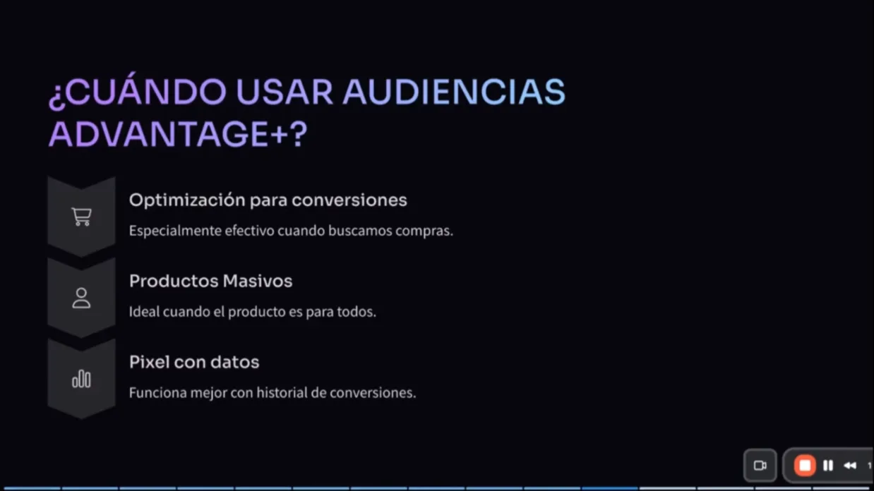 Lámina sobre cuándo usar audiencias Advantage+: conversiones, productos masivos y píxel con datos