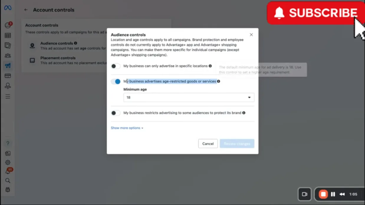 Controles de público de la cuenta publicitaria con la opción de edad mínima