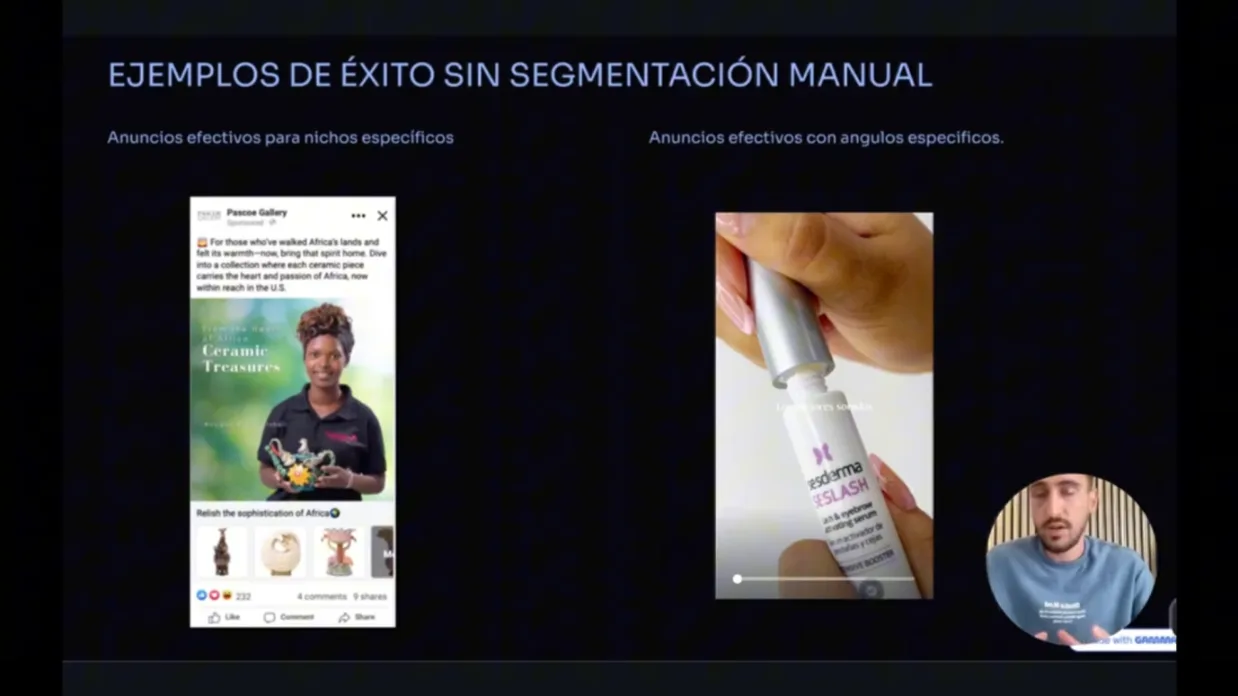Ejemplos de anuncios de clientes que segmentan con el creativo: una galería de arte africano y una marca de cosmética